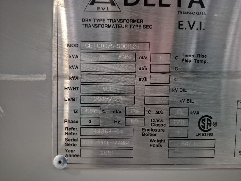 75 KVA 600 Primary, 208Y/120 Secondary, Delta EVI #CDTC0075-S001525, Dry Type Distribution Transformer, Nema - Image 3