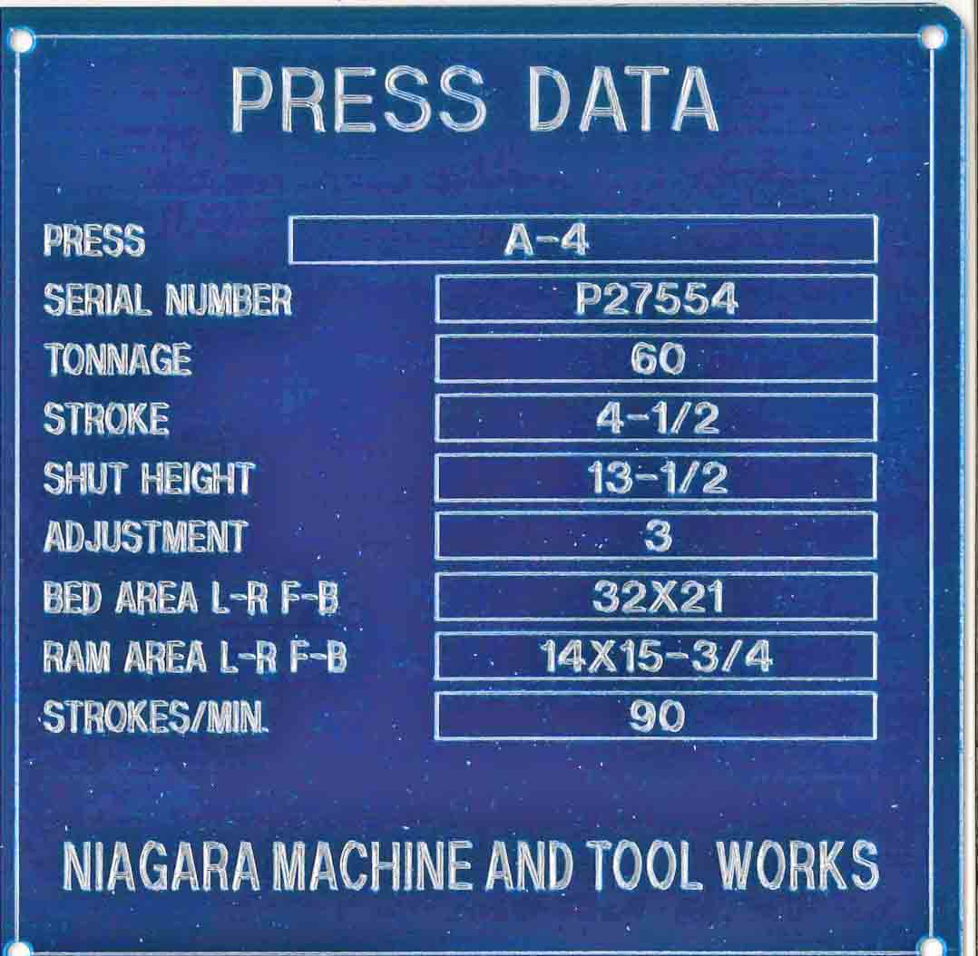 60 Ton, Niagara #A-4, OBI press, 4.5" stroke, 13.5" Shut Height, 3" adj., 90 SPM, 32" x31" bed, air clutch & - Image 4
