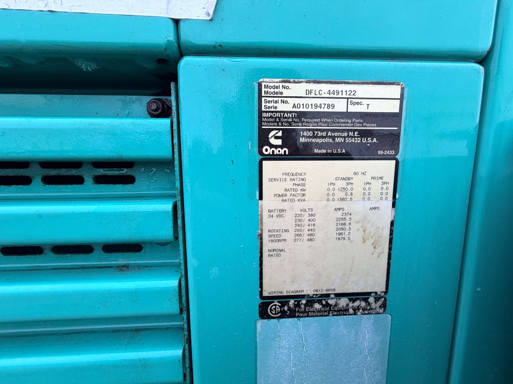 1250 KW Cummins #DFLC, Standby, Tier 1, Open Skid, 277/480 Volts, 1140 Hrs, 2001, $94k - Image 8