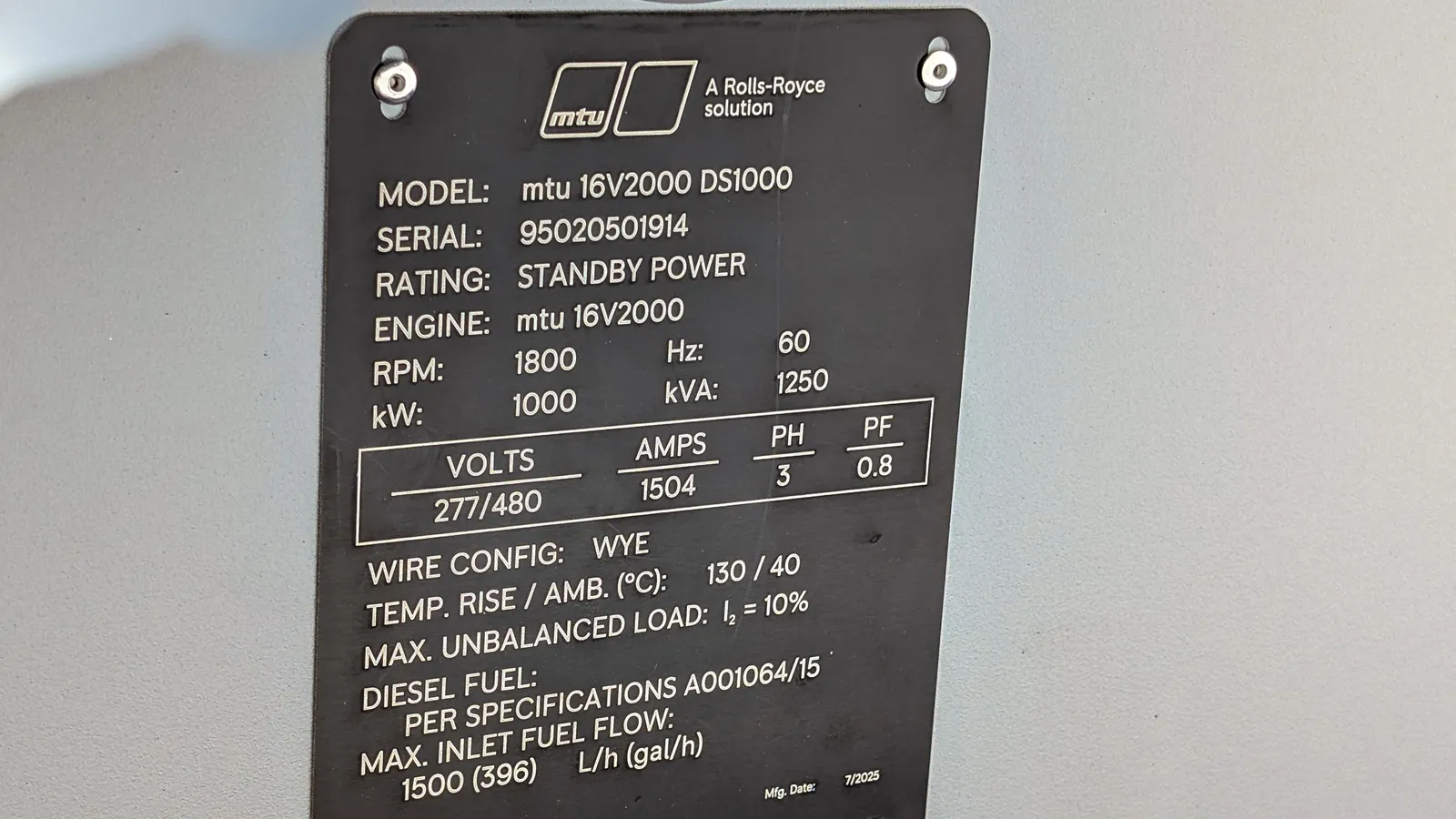 1000 KW MTU #DS1000, Diesel Generator, 1504 amps, 1800 RPM, 277/480 Volts, 3PH, 2025, New - Image 6