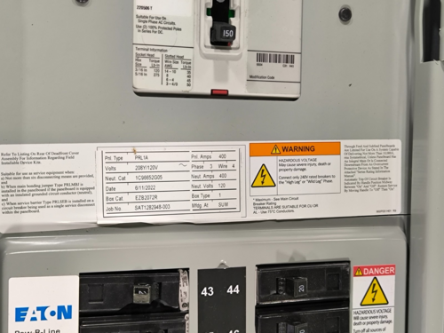 150/400 Amp. Eaton #PRL1A, Panelboard, 208Y/120 Volts, 3PH, 4 Wire, 42 Sp, Main & 21 breakers, AS IS - Image 2
