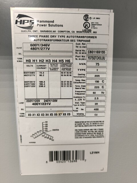 75 kVA, 600Y/346 Primary, 208Y/120 Secondary Hammond Y075QTCH3L0U, Autotransformer, H600Y-L208Y, 3PH, 3R - Image 2