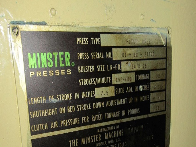 32 Ton, Minster #B1-32OBS press, 2" stroke, 9.75" Shut Height, air clutch & brake, automatic lubrication, 7.5 - Image 9