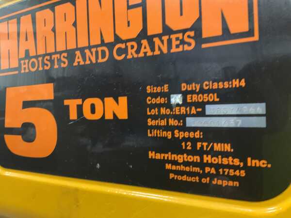 5 Ton, Harrington #38SY6966, electric chain hoist, trollet, pendant Control, 4.7 HP, 12 FPM - Image 6