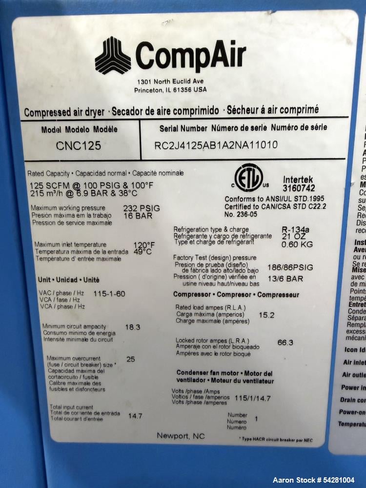 125 SCFM, 100 psig, CompAir #CNC125, Refrigerated Compressed Air Dryer, R-134a - Image 6