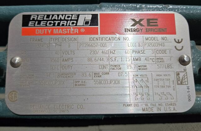 40 HP 3560 RPM Reliance P32G0394D, Frame 324TS, 3 Phase, 230/460 Volts - Image 6