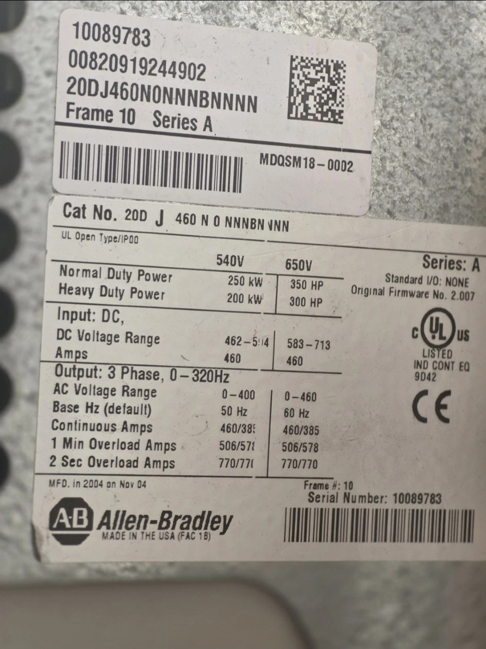 350 HP Allen-Bradley, Powerflex 700S, Cat:20DJ460N0NNNBNNN Ser A - Image 2