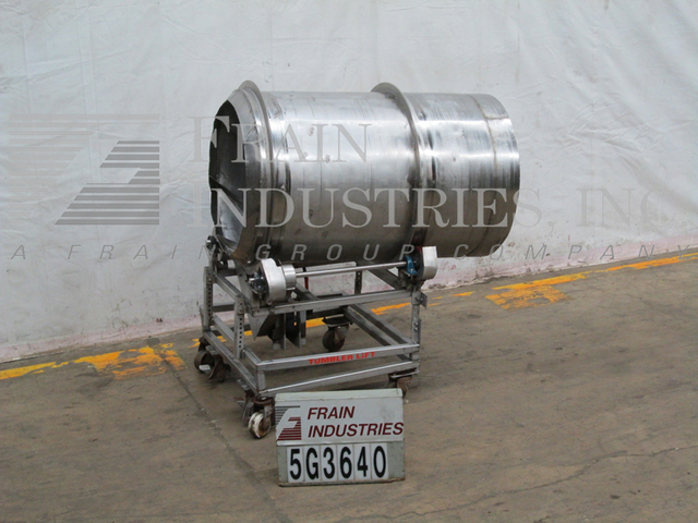 Stainless Steel portable flo-thru tumbler, 32" diameter x 52" long, 28" diameter feed opening, mounted on - Image 5