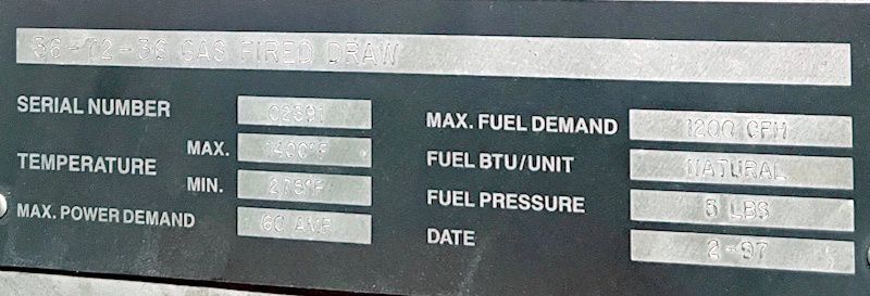 36" width x 36" H x 72" D Williams, gas fired temper furnace, 1400&deg;F, Honeywell temp Control - Image 8