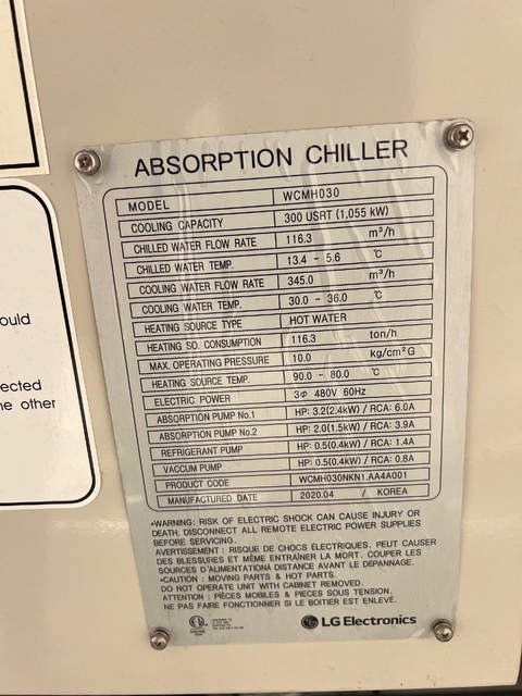 300 Ton, LG #WCMH030, hot water driven absorbtion chiller, 2020, new - Image 4