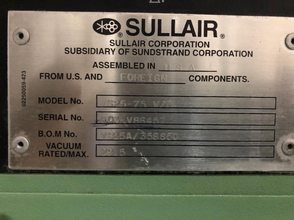 1340 cfm, Sullair #VS25-75 water cooled, rotary screw vacuum pump system, 480 V., 75 HP - Image 3