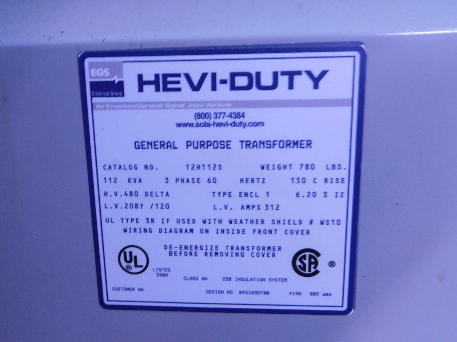 112 KVA 480 Delta Primary, 208Y/120 Secondary, EGS Hevi-Duty, 3 Phase Transformer T2H112S - Image 3