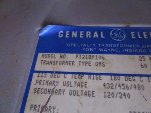 25 KVA 480 Primary, 120/240 Secondary, General Electric, 1 Phase Transformer 9T21B9106 - Image 2