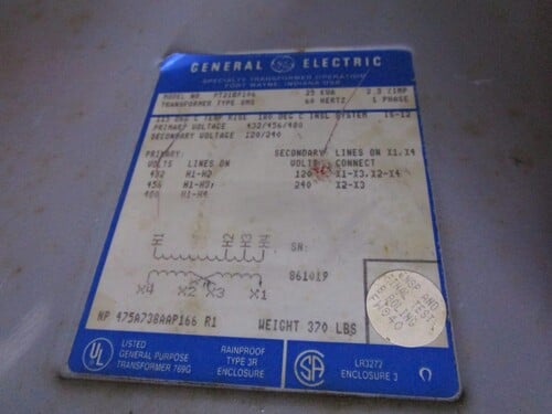 25 KVA 480 Primary, 120/240 Secondary, General Electric, 1 Phase Transformer 9T21B9106 - Image 9