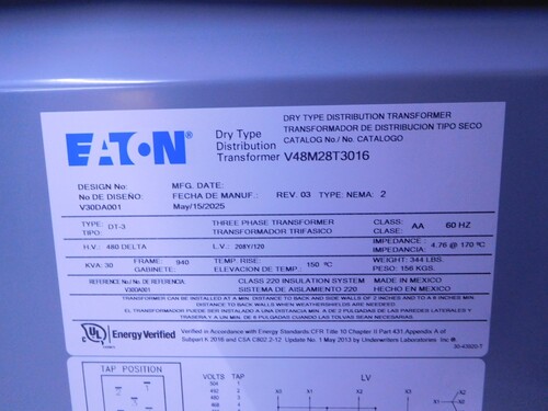 30 KVA 480 Delta Primary, 208Y/120 Secondary, Eaton, 3 Phase Transformer V48M28T3016 - Image 3