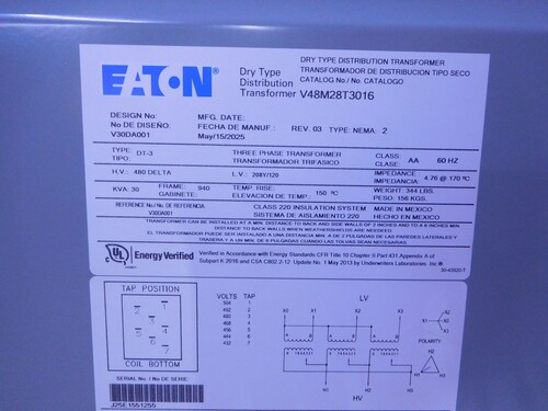 30 KVA 480 Delta Primary, 208Y/120 Secondary, Eaton, 3 Phase Transformer V48M28T3016 - Image 8