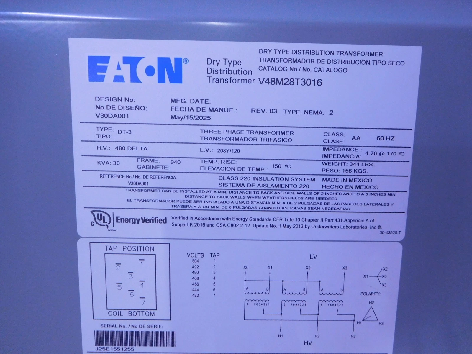 30 KVA 480 Delta Primary, 208Y/120 Secondary, Eaton, 3 Phase Transformer V48M28T3016 - Image 8