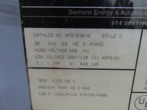 30 KVA 480 Primary, 208Y/120 Secondary, Siemens, 3 Phase Transformer 3F3Y030-B - Image 7