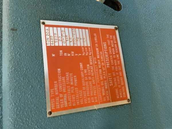 20 Ton, Heim #20A, OBI punch press, 2-1/2" stroke, 10" Shut Height, air clutch, 145 SPM, 2 HP, 1988 - Image 4