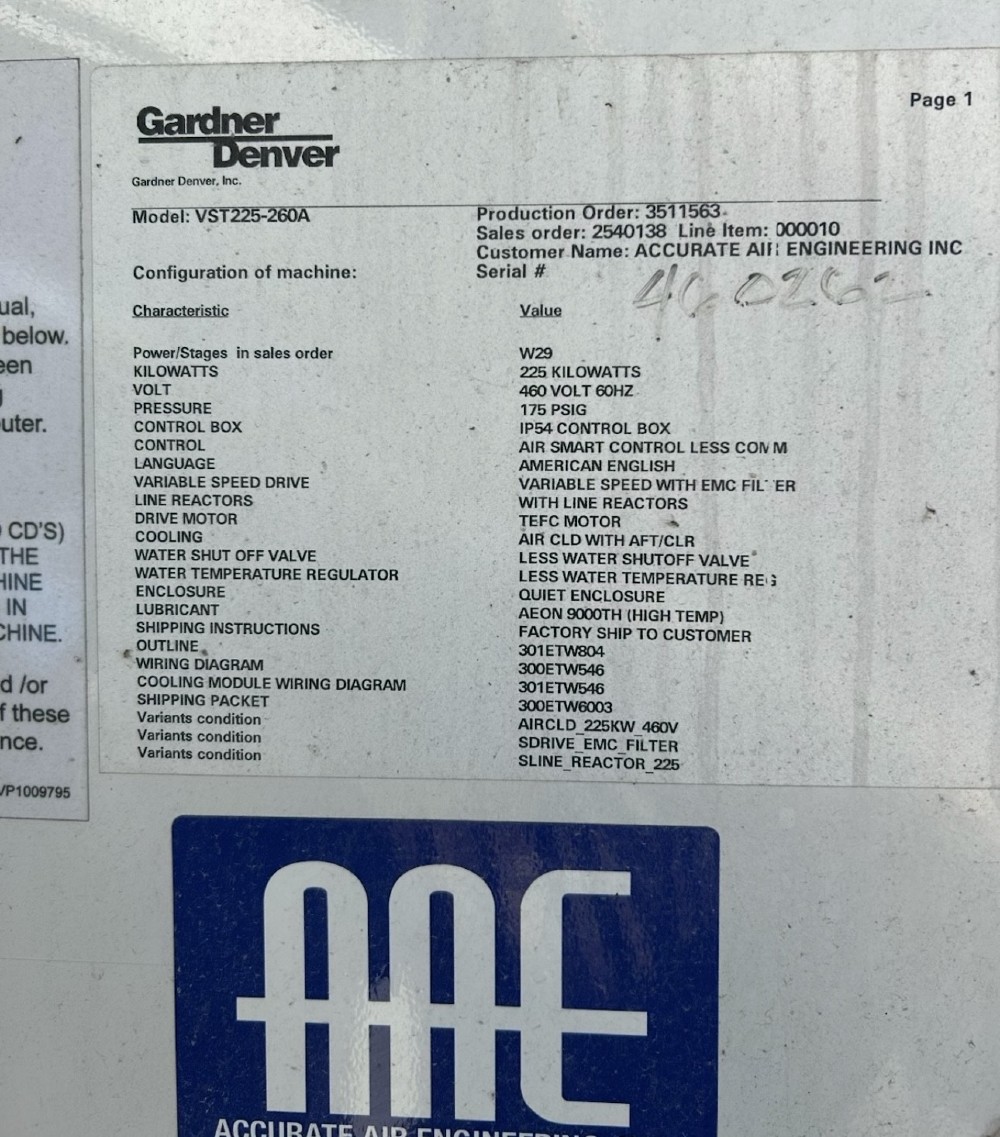 1728 cfm, 100 psi, Gardner Denver #VST225-260A, rotary screw air compressor, 300 HP, variable speed, 2016 - Image 5