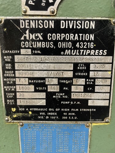 8 Ton, Denison, Hydraulic Multipress, 12" stroke, 2.25" ram diameter, 7" throat, 18" daylight, 9 GPM pump - Image 2