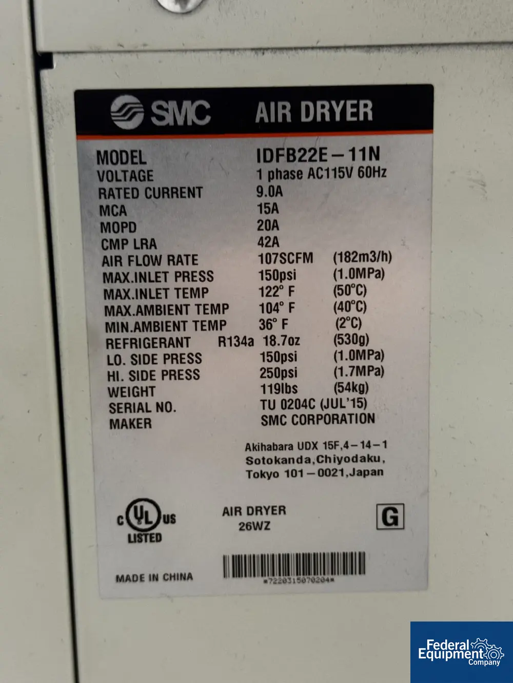 SMC #IDFB22E, Refrigerated Compressed Air Dryer, 22 KW - Image 2