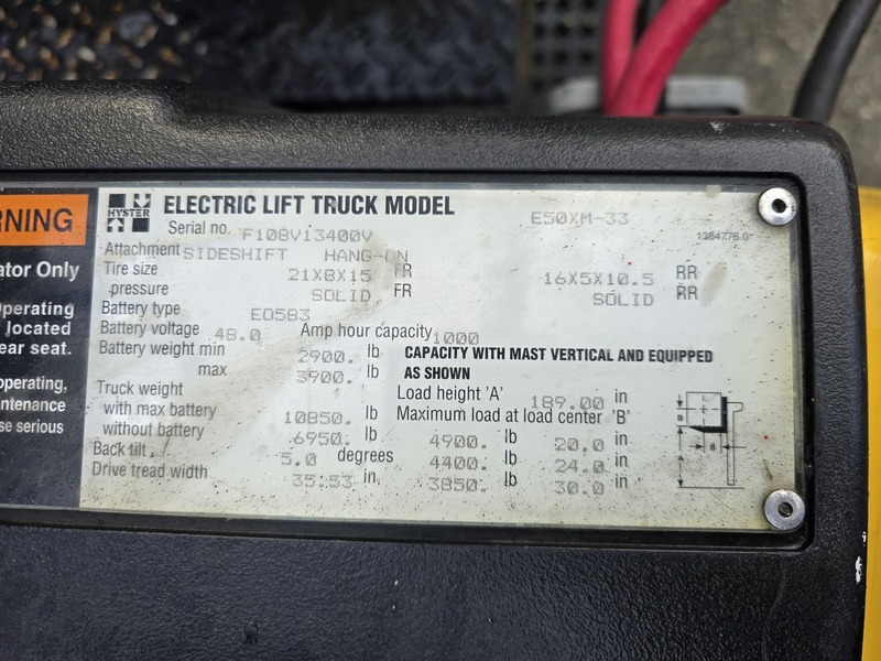 5000 lb. Hyster #E50XM-33, Electric Forklift, 189" max. lift height, 48 Volt, 1998 - Image 2