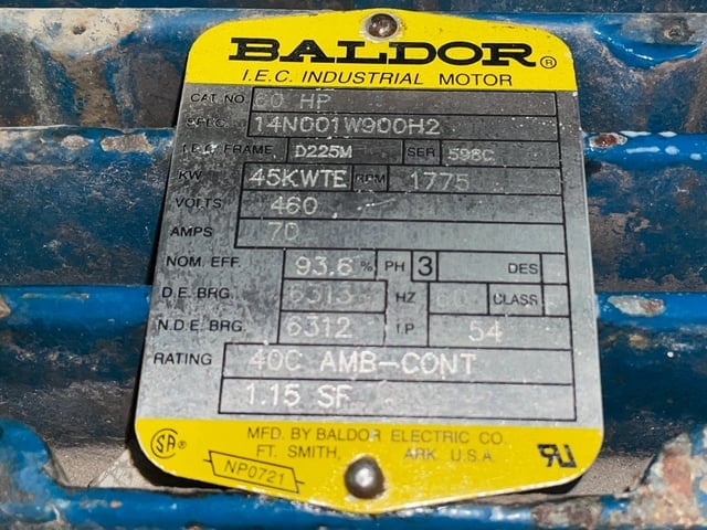 60 HP 1800 RPM Baldor, Frame D225M, TEFC BB, 460 Volts (2 available) - Image 1
