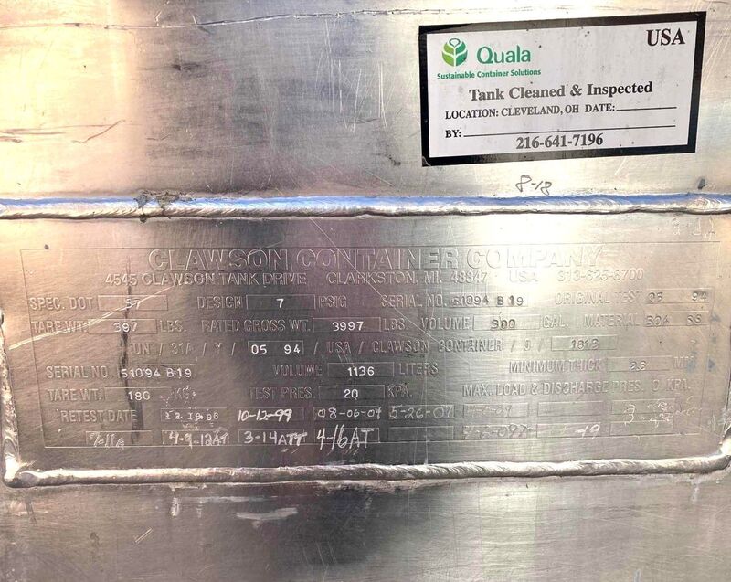 300 gallon Clawson & Hoover, Stainless Steel liquid tote tank, (50 available) - Image 4