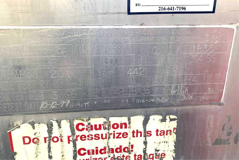 300 gallon Clawson & Hoover, Stainless Steel liquid tote tank, (50 available) - Image 5