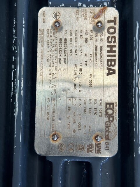 100 HP 3560 RPM Toshiba, Frame 405TS, TEFC, 460 Volts, 112a, type: tkkh, REFURBISHED - Image 1