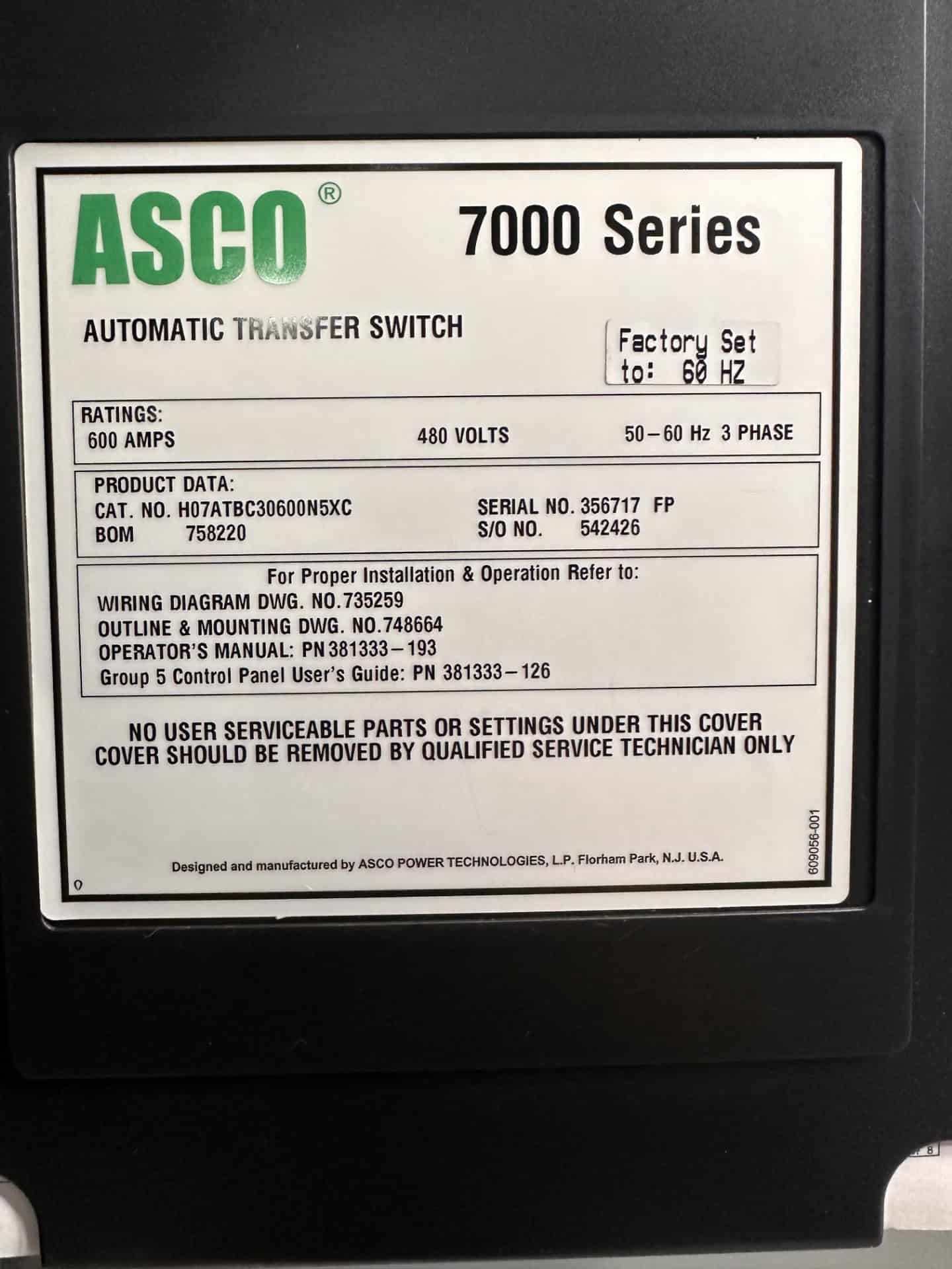 600 Amp. ASCO #7000-Series, Automatic Transfer Switch, 480 Volts, ISO Bypass - Image 3