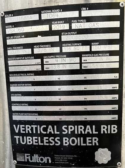 60 HP Fulton #VSRT60, Vertical Spiral Rib Tubeless Steam Boiler, 150 PSI, 2070 PPH, 116 sq.ft., 2019 - Image 2