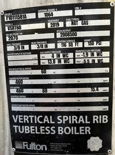 60 HP Fulton #VSRT60, Vertical Spiral Rib Tubeless Steam Boiler, 150 PSI, 2070 PPH, 116 sq.ft., 2019 - Image 3