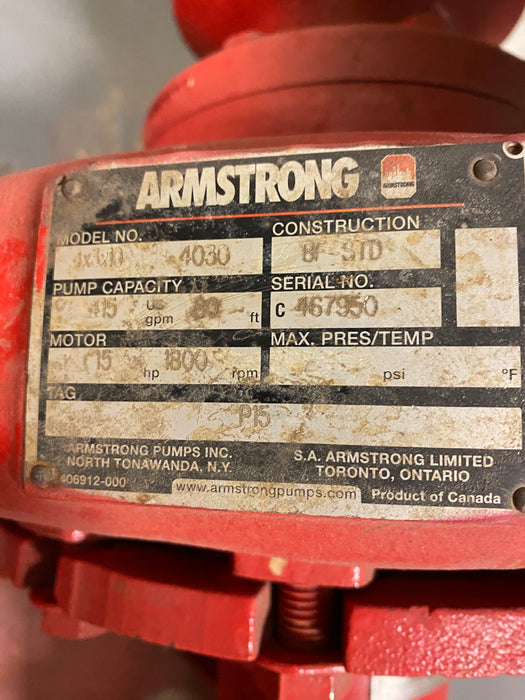 415 GPM @ 80' TDH, Armstrong #4030, 4x3x10, 15 HP, 230/460 V. - Image 3