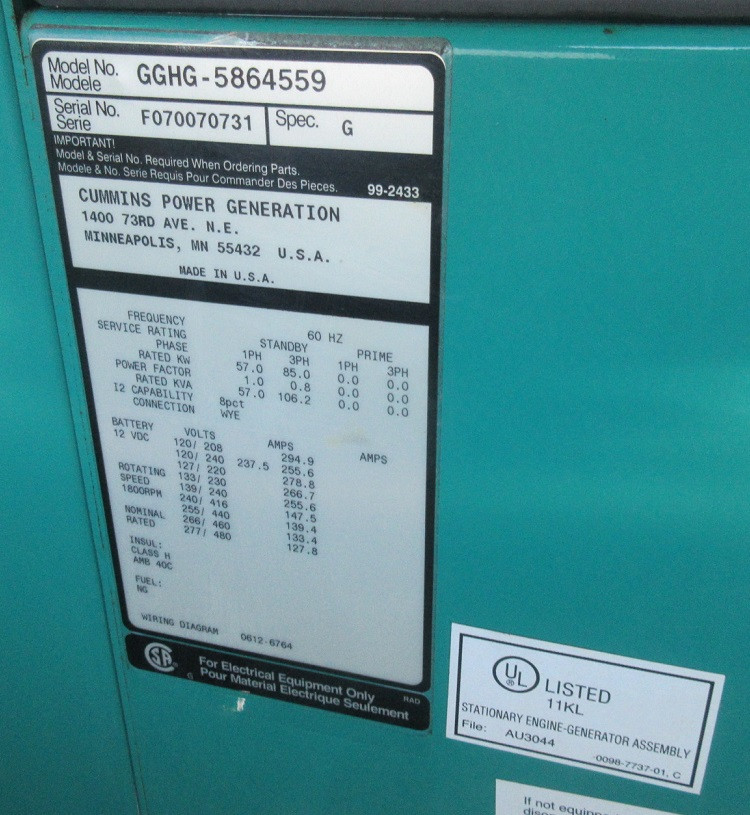 85 KW Onan / Onan #GGHG, Natural gas / propane generator, 277/480 Volts, 2007 - Image 7