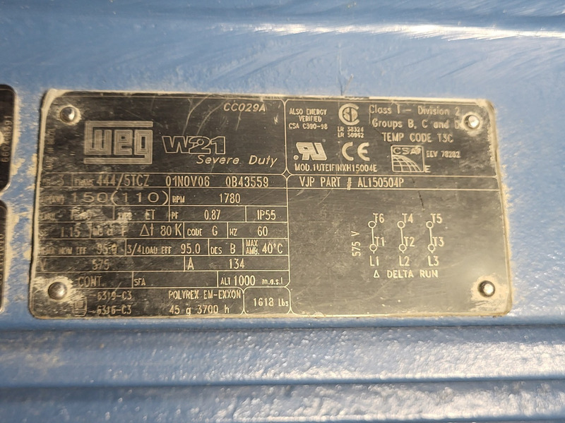 150 HP 1780 RPM Weg #W21, Electric Motor, Frame 444/5TCZ, 575 Volts, Continuous Duty - Image 2
