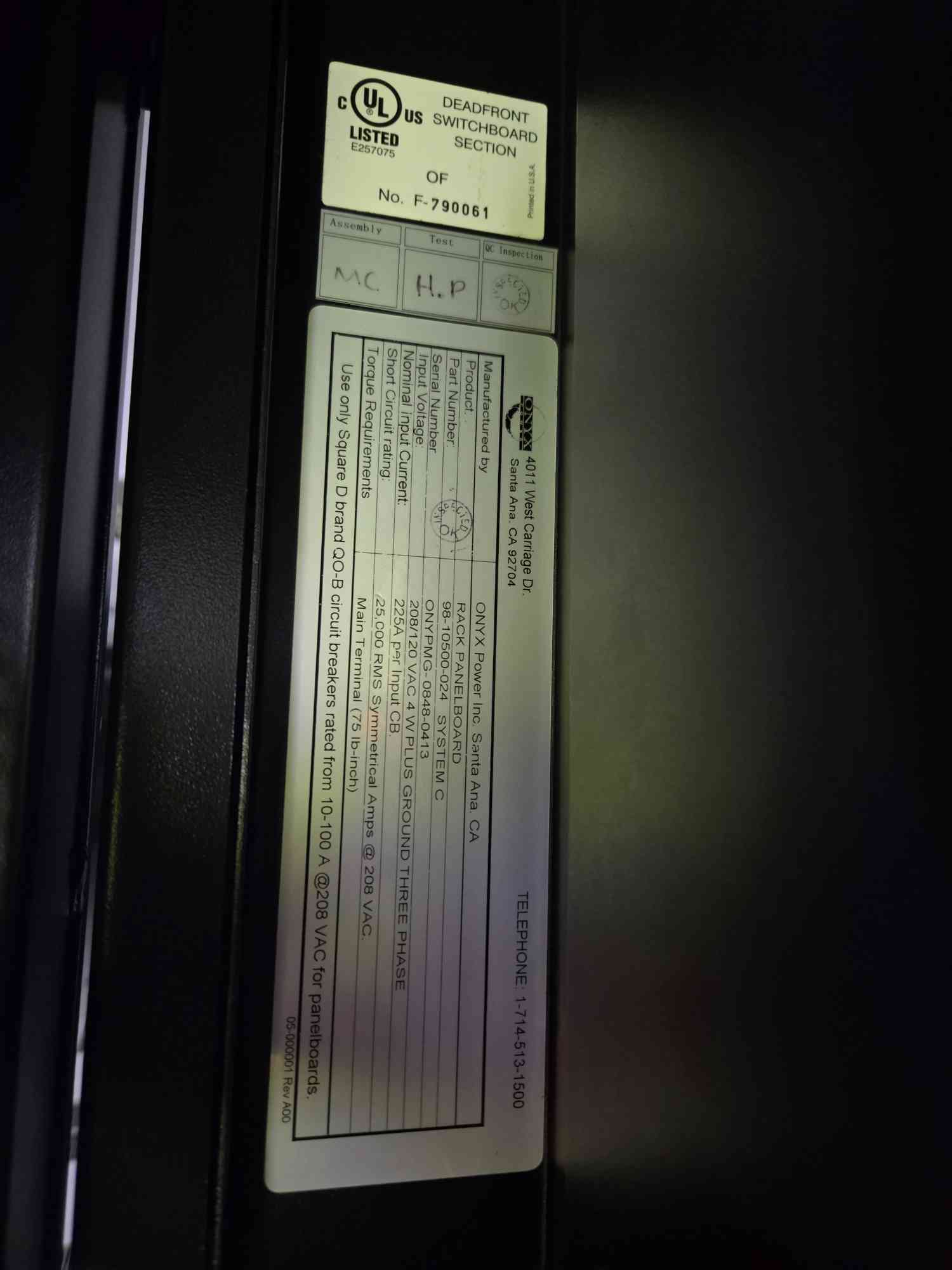 225 Amp. Onyx #Rack-Panelboard, 208/120V Plus Ground 3PH Breaker Distribution (4 available) - Image 3