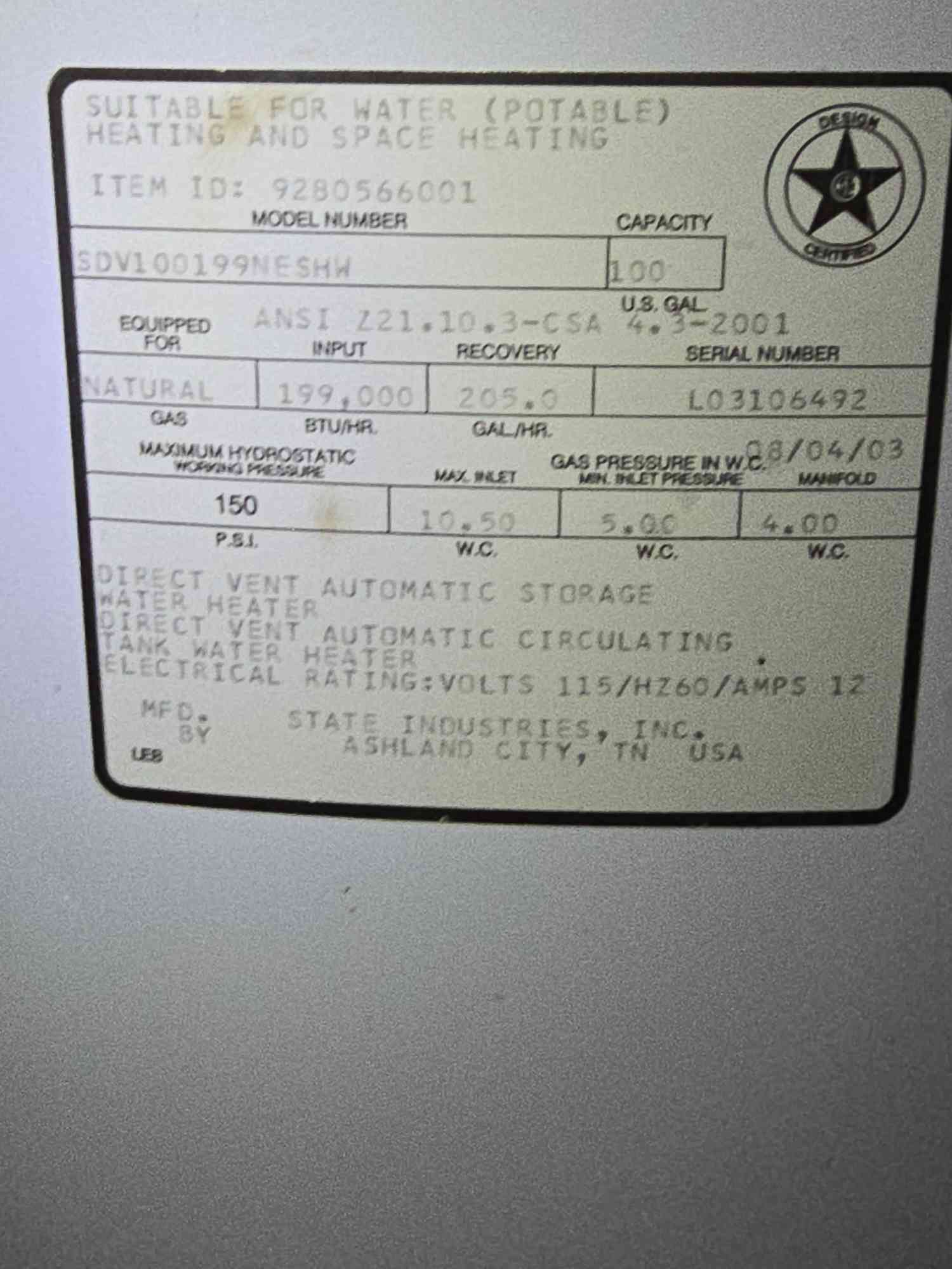 State Sandblaster Force #SDV100199NESHW, Commercial Water Heater, Nat Gas, 100 Gal, 2003 - Image 7