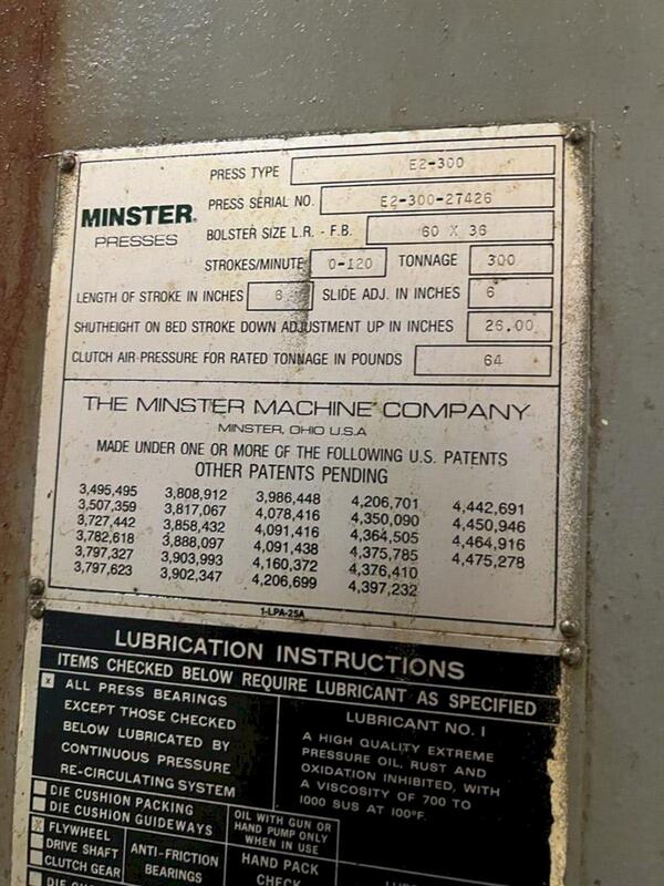 300 Ton, Minster #E2-300-60-36, straight side double crank press, 6" stroke, 32" Shut Height, 6" ram adj. - Image 10