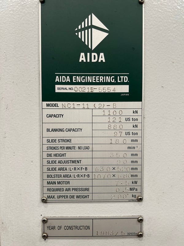 121 Ton, Aida #NC1-11(2)-B, back gear obi press, 7.1" stroke, 26.2" between housing, 35-70 SPM, 3.5" adj, 1983 - Image 9