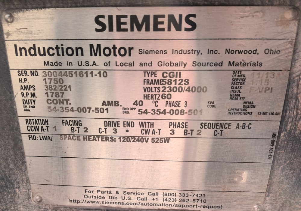 1750 HP 1800 RPM Siemens, Frame 5812S, weather protected enclosure type 2, Sleeve Bearing, 2300/4000 Volts - Image 1