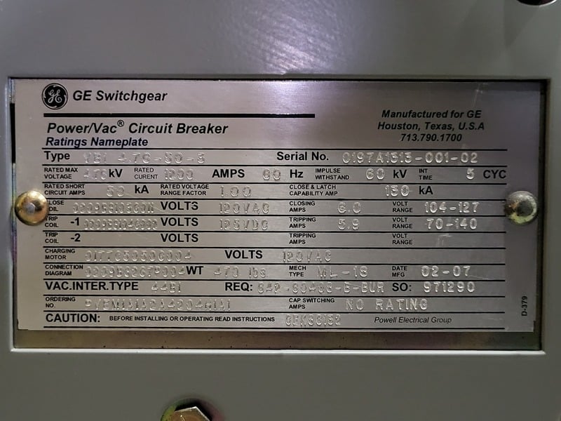 1200 Amps, General Electric, 120 volt draw-out power/vacuum, 3P, 2007 - Image 2