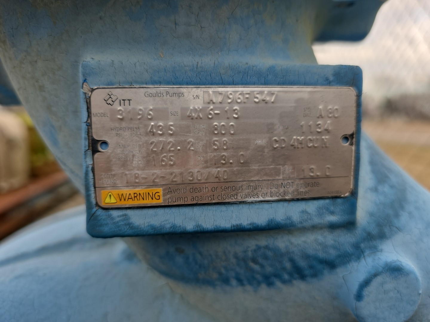 800 GPM @ 58' TDH, Goulds #3196, I-Frame Pump, CD4MCUN 68451 Casing, 4" x 6" -13" Size, 272.2 psi, 1134 RPM - Image 4