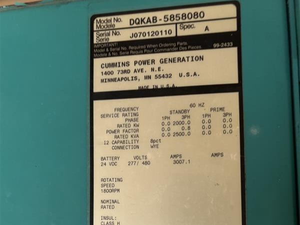 2000 KW Cummins #DQKAB, generator set, QSK60, Tier 2, 480 Volts, enclosure, base tank, 154 hours, 2007 - Image 6
