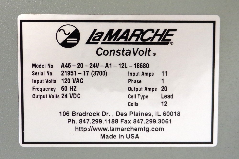 Louis Allis Marche #A46-20-24V-A1-12L-18680, battery charger, 20 Amp., 24 VDC, 60 HZ, 120 VAC - Image 3