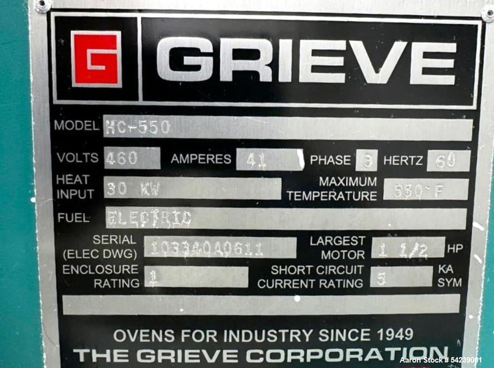 Grieve #HC-550, Electric Oven, 550&deg;F Max Temp, 1.5 HP, 460 V., 3ph, NEMA type 1, frame mount, 2011 - Image 8