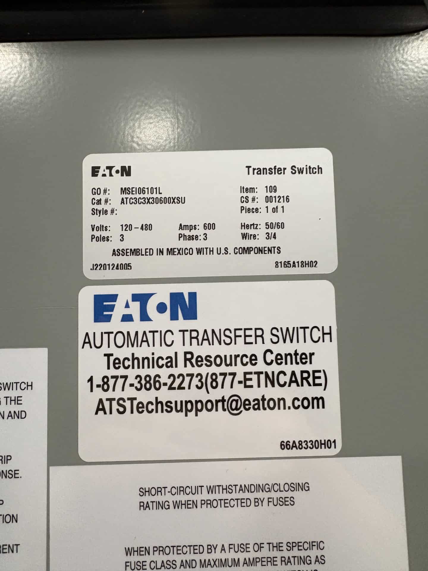 600 Amp. Eaton #ATC3C3X30600XSU, Automatic Transfer Switch, 3P, 120-480 Volts, NEMA1, 3PH - Image 3