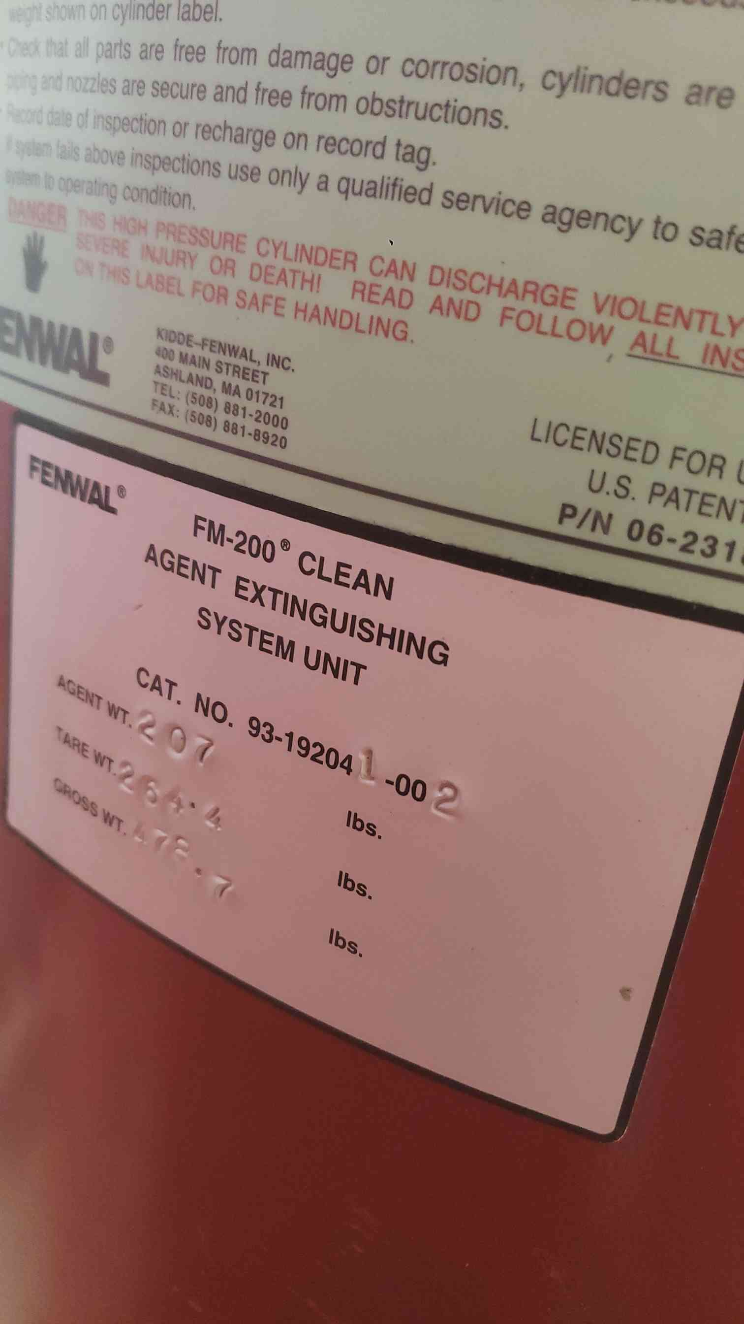 207 lbs. Fenwal, FM-200 Agent, Fire Suppression System - Image 2