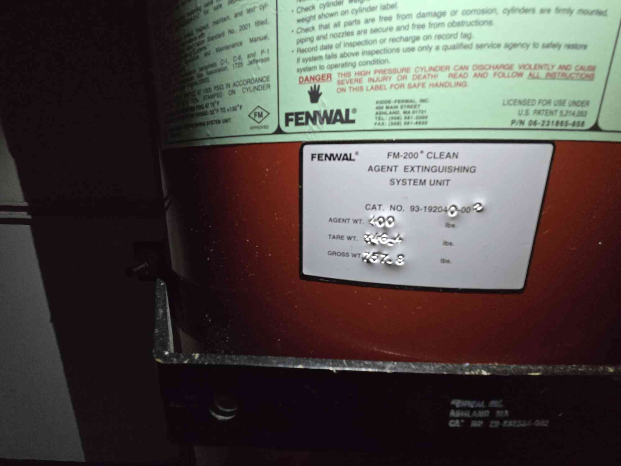 400 lbs. Fenwal #FM-200, Clean Agent Extinguishing System - Image 3